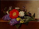 Johan Laurentz Jensen Lilacs, Violets, Pansies, Hawthorn Cuttings, And Peonies On A Marble Ledge painting
